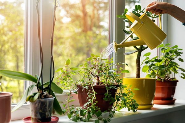 regando plantas dentro de casa