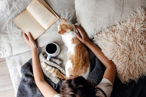 Autoamor e autocuidado - mulher lendo com gato